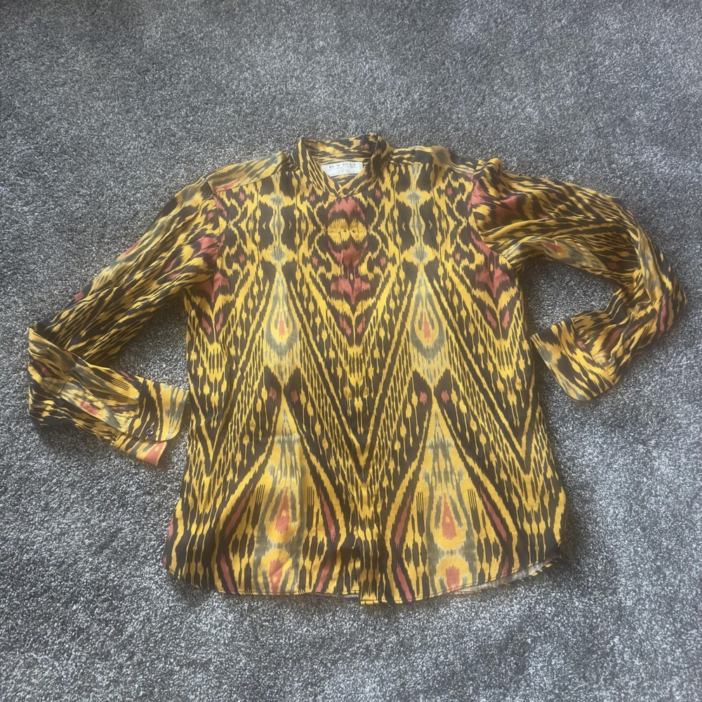 Etro Shirt Womens 40 Yellow Black Red Ikat Band Collar Button Front‎ Italy